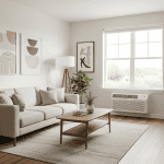 Modern living room, neutral tones, with a PTAC unit underneath the window