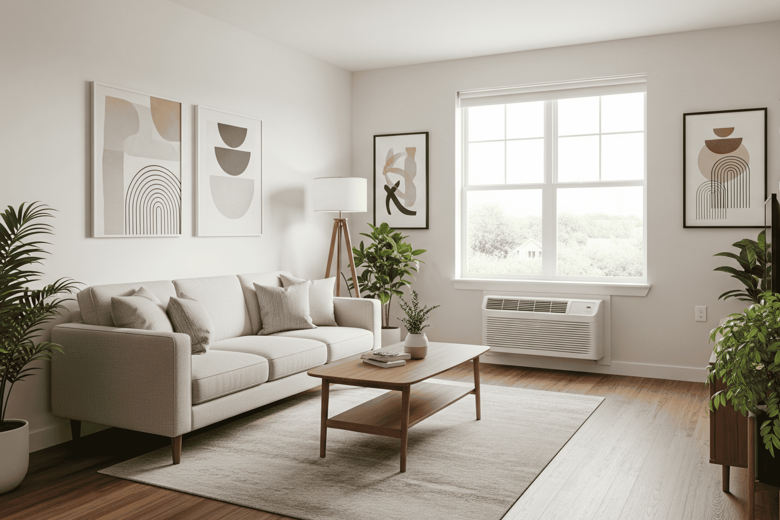 Modern living room, neutral tones, with a PTAC unit underneath the window