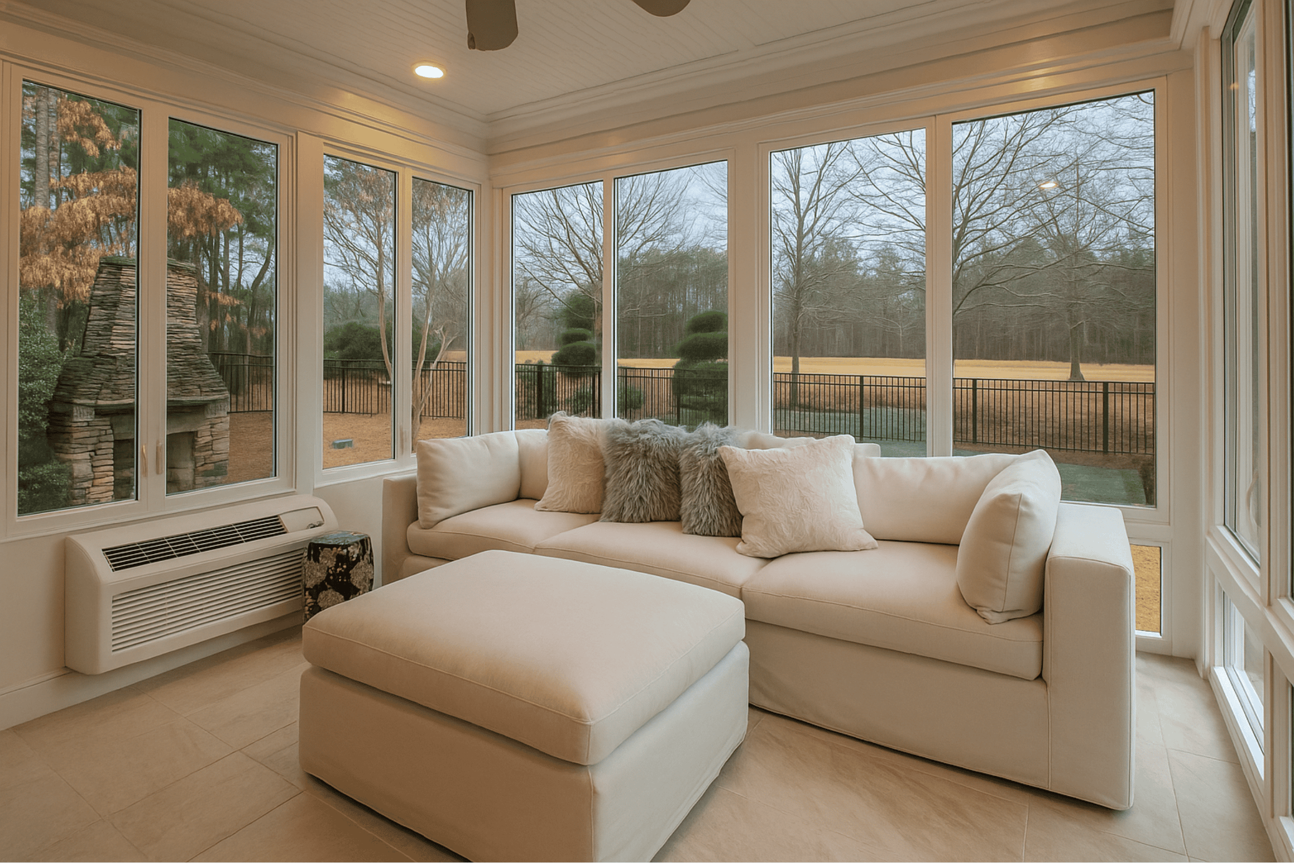 Sunroom with large windows, a white sectional sofa, and a PTAC unit installed through thw wall